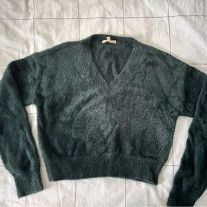 Chelsea & Violet Fuzzy V-Neck Sweater in Hunter Green